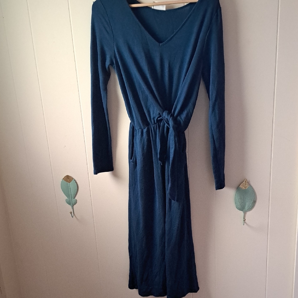 Long Sleeve V-Neck Tie Waist Dress — Deep Teal